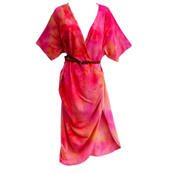 Raw SiLK Gauze CheyAnn Benedict Rainbow Tie Dye Dress Pleated Slit Beachy USA L - Picture 1 of 8
